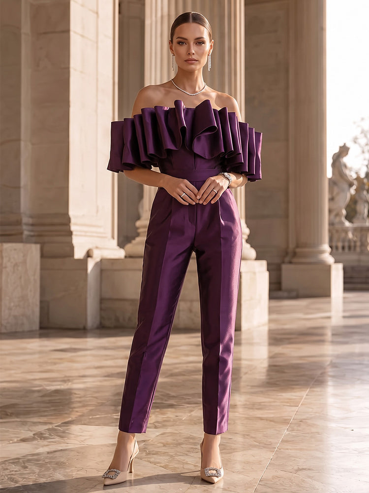 Satin Jumpsuit Off the Shoulder Long Evening Dresses with Ruffles