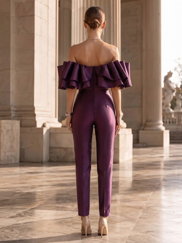 Satin Jumpsuit Off the Shoulder Long Evening Dresses with Ruffles