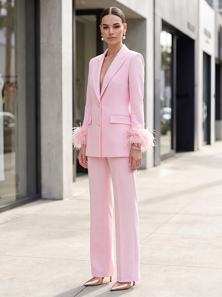 Satin Pantsuit V Neck Long Evening Dresses with Feather