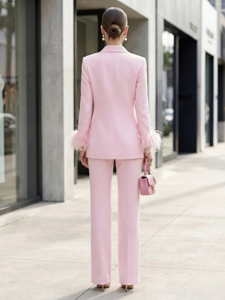 Satin Pantsuit V Neck Long Evening Dresses with Feather