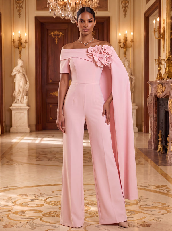 Satin Jumpsuit Off the Shoulder Long Evening Dresses with 3D Flowers