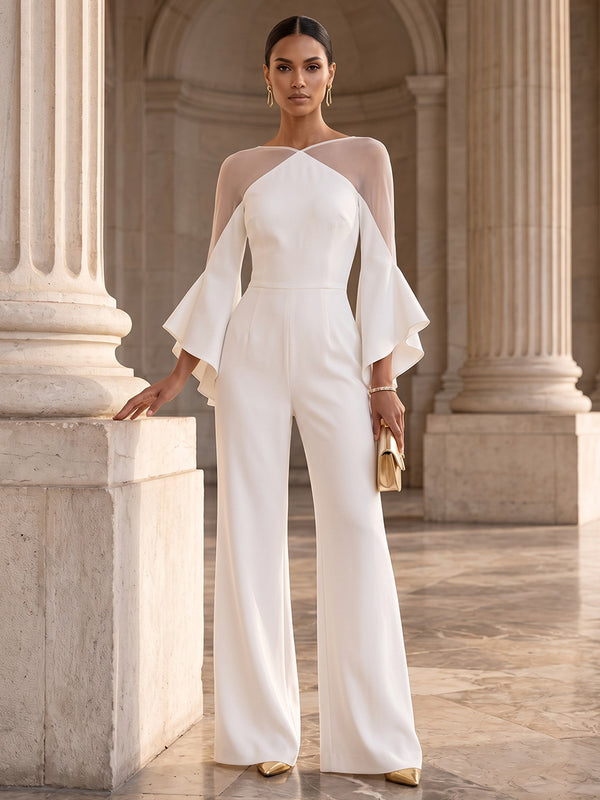 Satin Jumpsuit Round Neck Long Evening Dresses with Ruffles