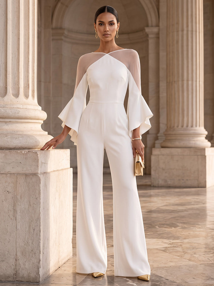 Satin Jumpsuit Round Neck Long Evening Dresses with Ruffles