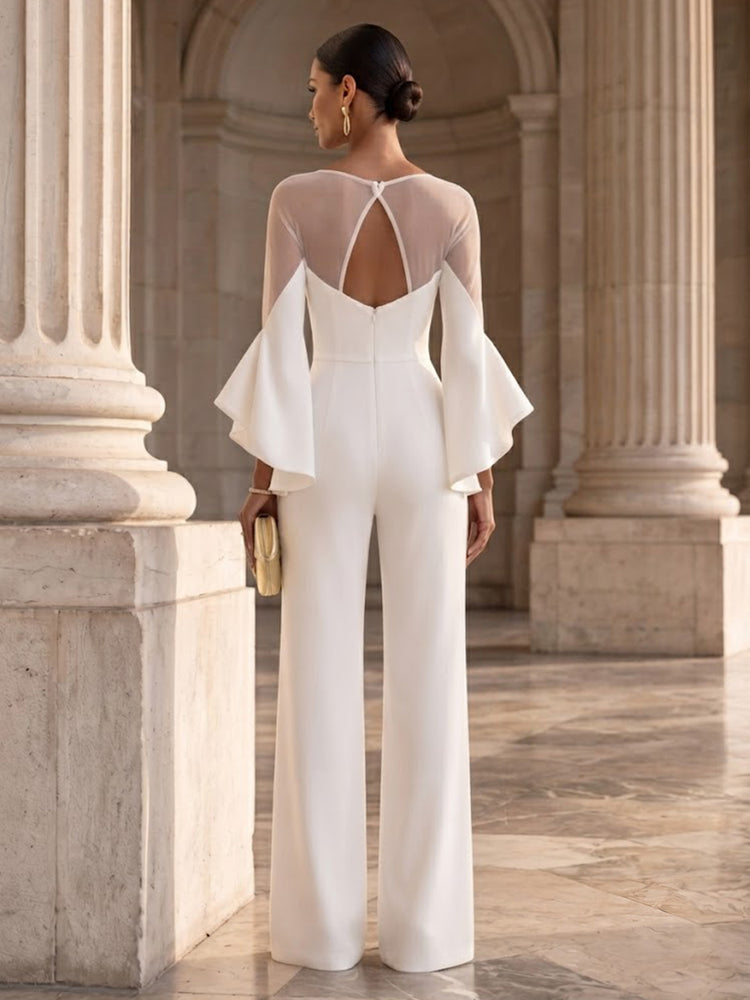Satin Jumpsuit Round Neck Long Evening Dresses with Ruffles