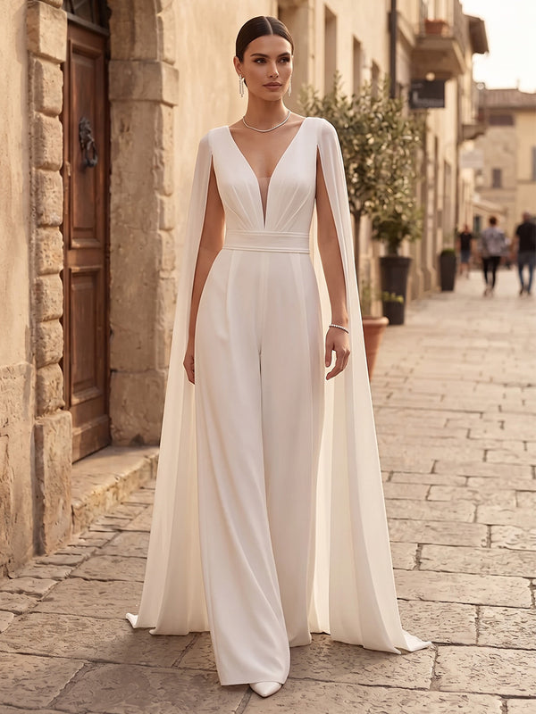 Satin Jumpsuit V Neck Long Evening Dresses with Cape