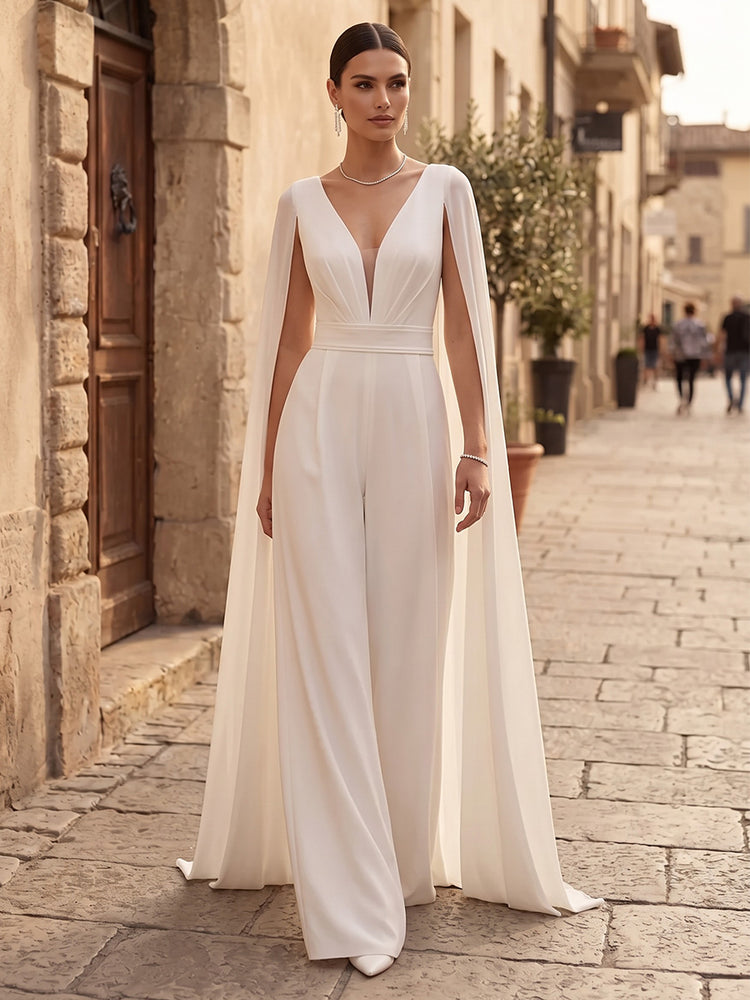 Satin Jumpsuit V Neck Long Evening Dresses with Cape