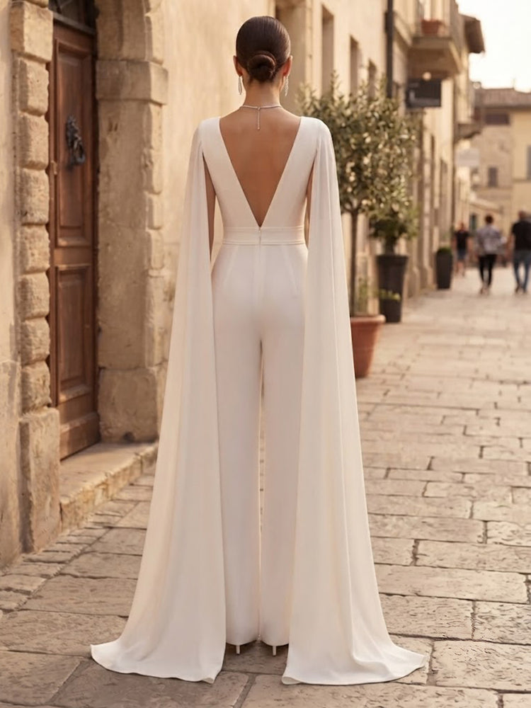 Satin Jumpsuit V Neck Long Evening Dresses with Cape