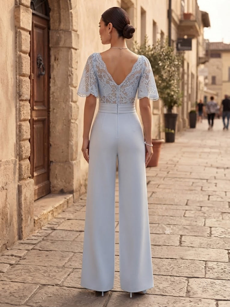 Satin Jumpsuit V Neck Long Evening Dresses with Lace Applique
