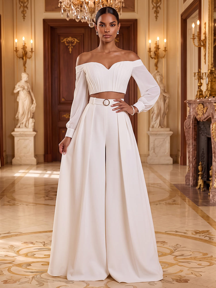 Satin Pantsuit Off the Shoulder Long Evening Dresses with Pleated