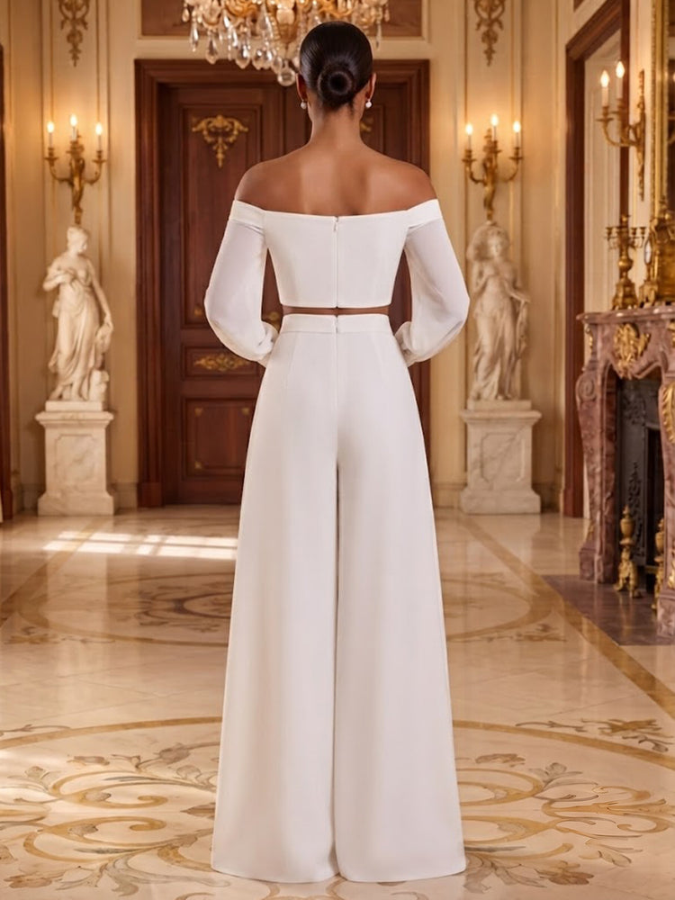 Satin Pantsuit Off the Shoulder Long Evening Dresses with Pleated