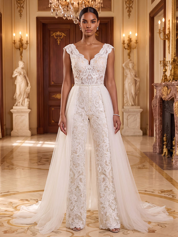 Lace Appliques Jumpsuit V Neck Long Evening Dresses with Pleated