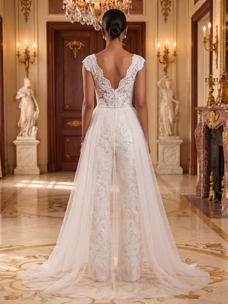 Lace Appliques Jumpsuit V Neck Long Evening Dresses with Pleated