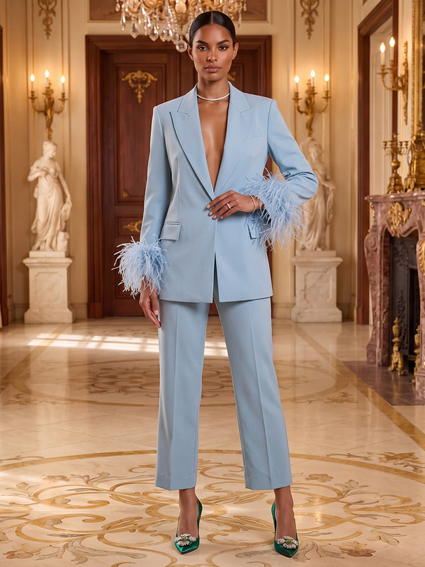 Satin Pantsuit V Neck Long Evening Dresses with Feather