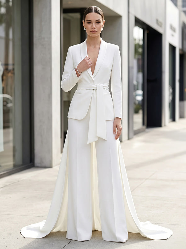 Satin Pantsuit V Neck Long Evening Dresses with Sash