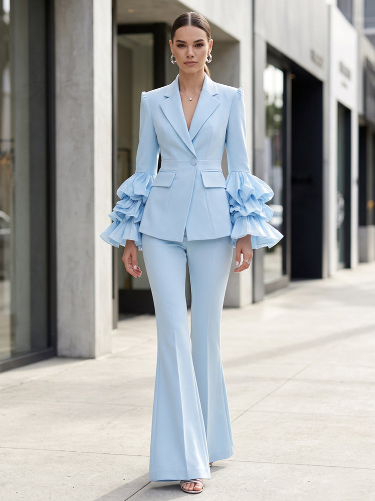 Satin Pantsuit V Neck Long Evening Dresses with Ruffles