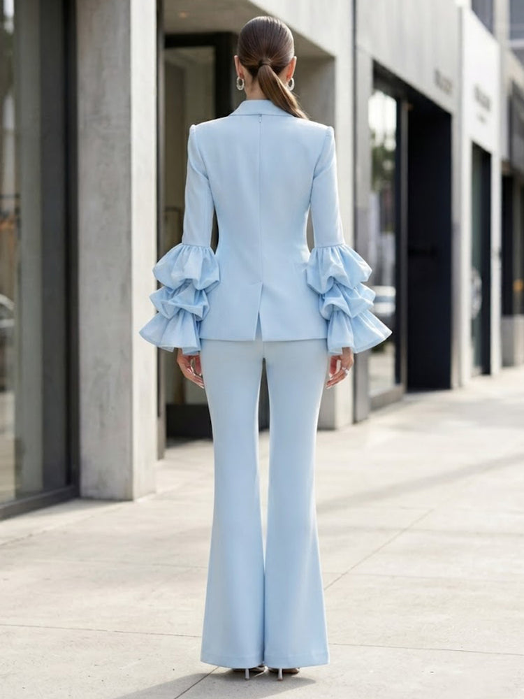 Satin Pantsuit V Neck Long Evening Dresses with Ruffles