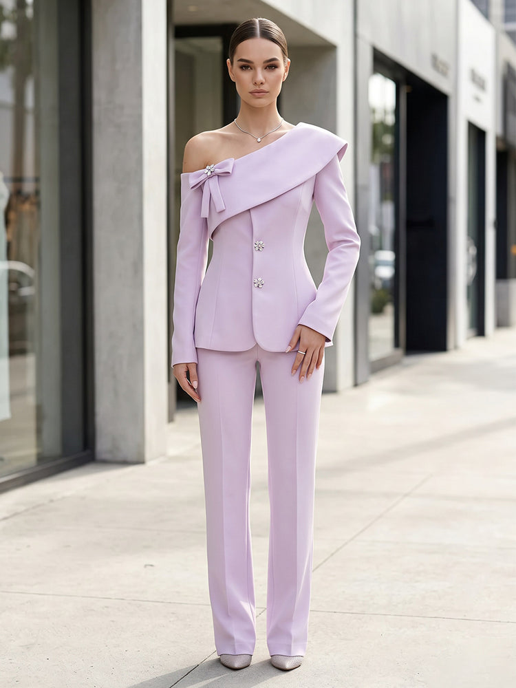 Satin Pantsuit One Shoulder Long Evening Dresses with Beaded