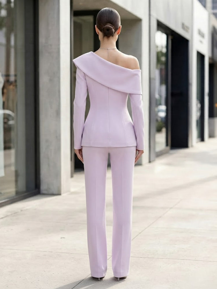 Satin Pantsuit One Shoulder Long Evening Dresses with Beaded