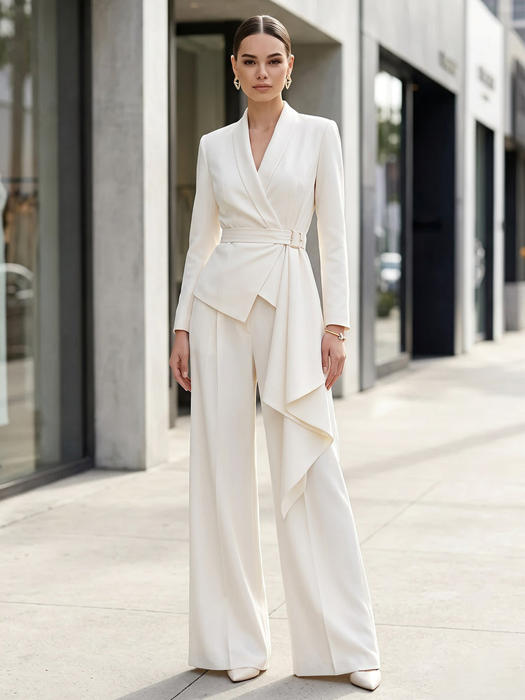 Satin Pantsuit V Neck Long Evening Dresses with Sash