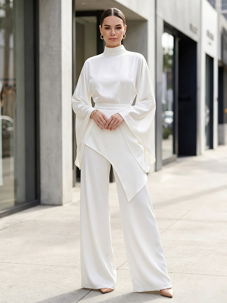 Satin Pantsuit High Neck Long Evening Dresses with Sash