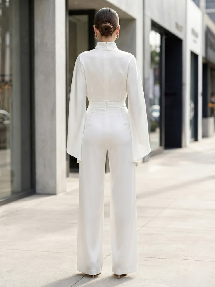 Satin Pantsuit High Neck Long Evening Dresses with Sash