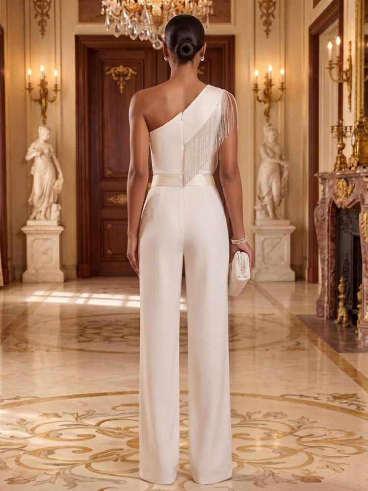 Satin Pantsuit One Shoulder Long Evening Dresses with Pleated