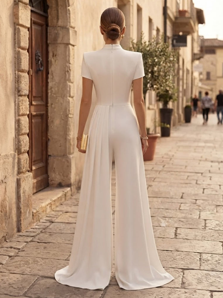 Satin Jumpsuit High Neck Long Evening Dresses with Ruffles