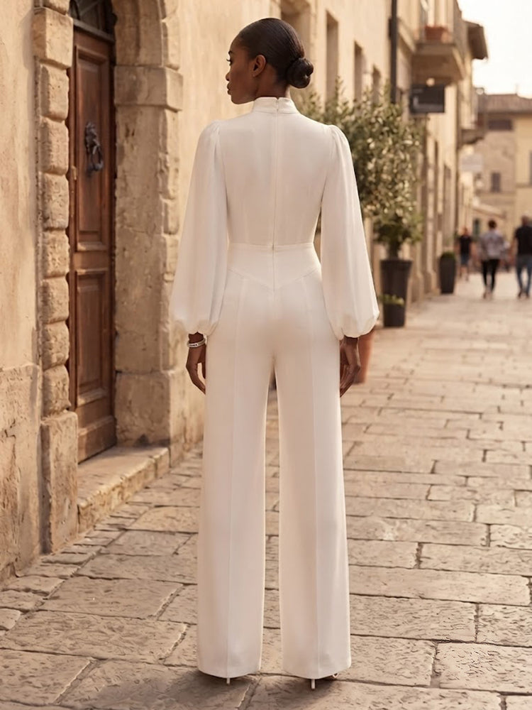 Satin Jumpsuit V Neck Long Evening Dresses with Pleated