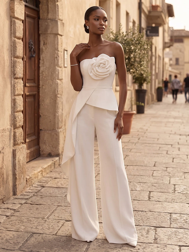 Satin Jumpsuit Strapless Long Evening Dresses with 3D Flowers
