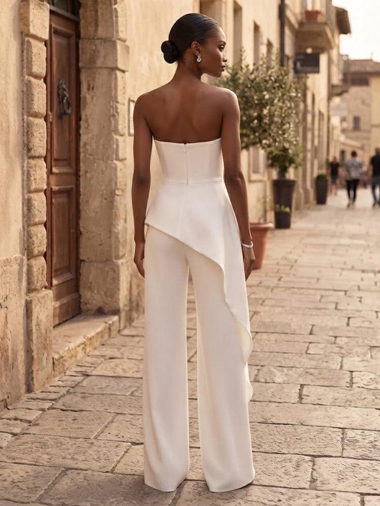 Satin Jumpsuit Strapless Long Evening Dresses with 3D Flowers