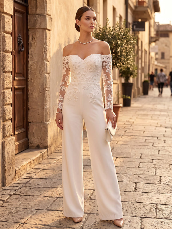 Satin Jumpsuit Off the Shoulder Long Evening Dresses with Lace Applique
