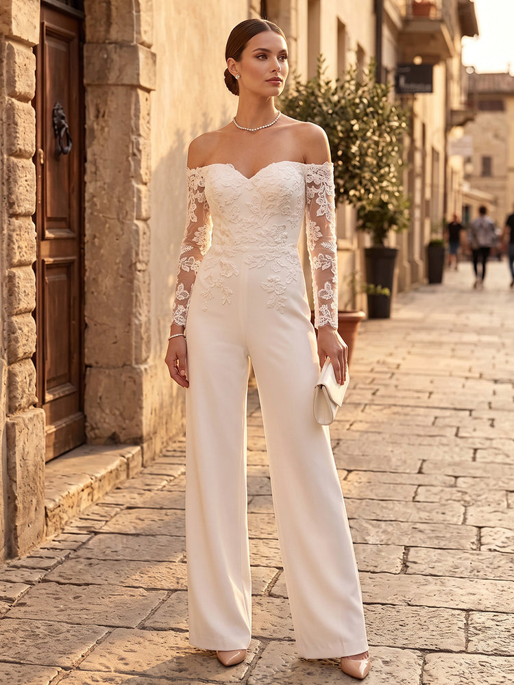 Satin Jumpsuit Off the Shoulder Long Evening Dresses with Lace Applique