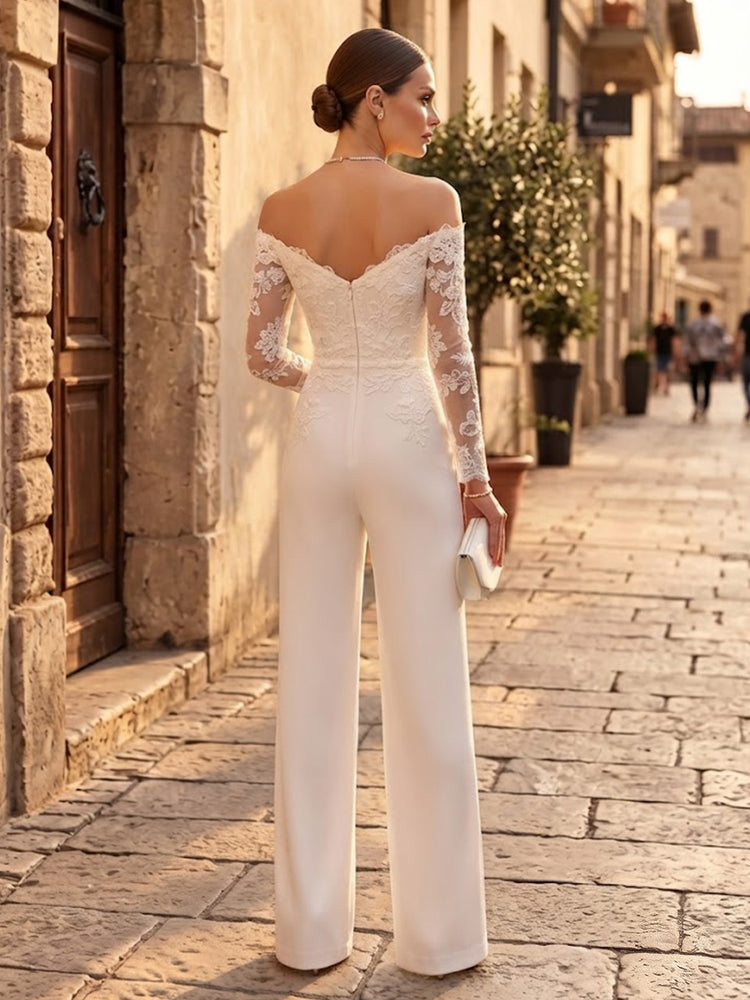 Satin Jumpsuit Off the Shoulder Long Evening Dresses with Lace Applique