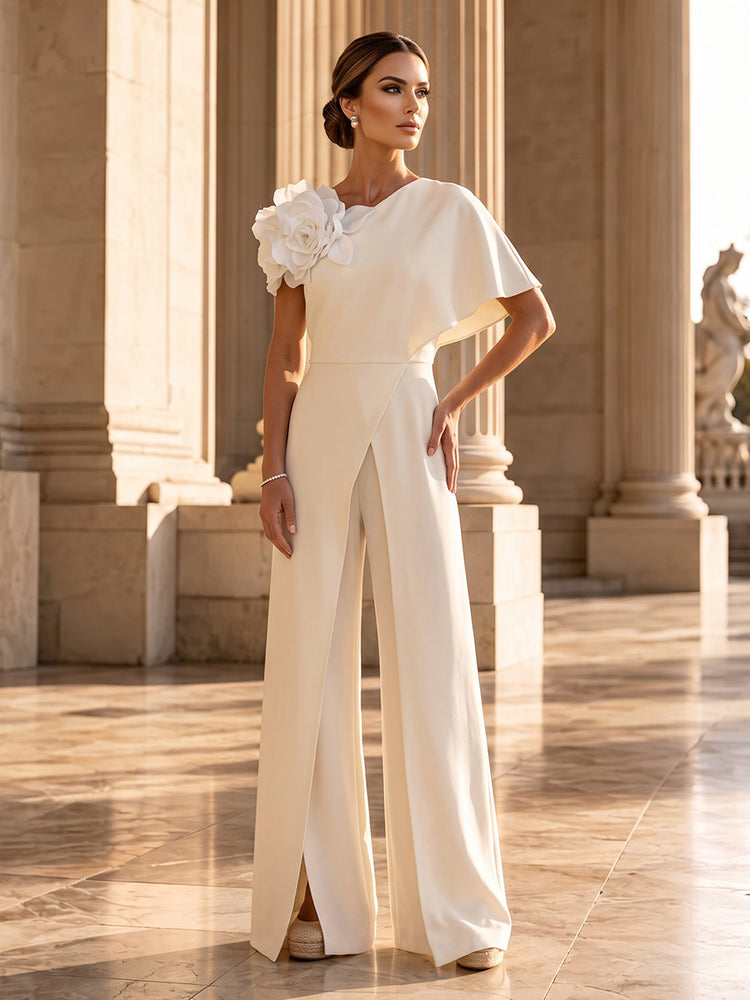 Satin Jumpsuit One Shoulder Long Evening Dresses with 3D Flowers