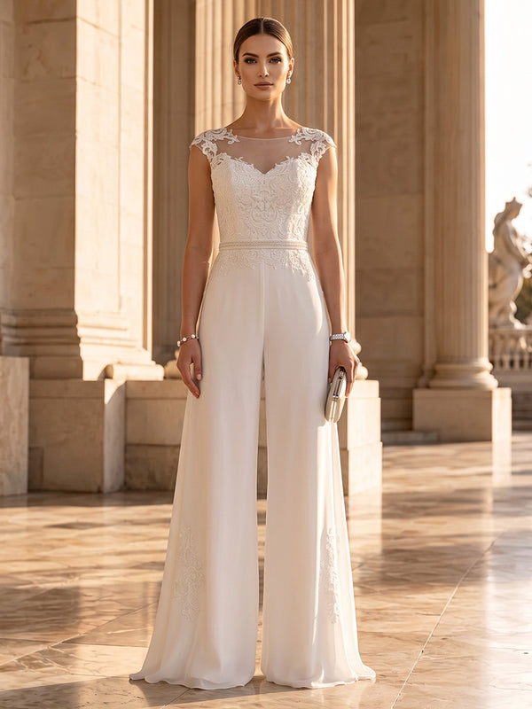 Chiffon Jumpsuit Round Neck Long Evening Dresses with Lace Applique