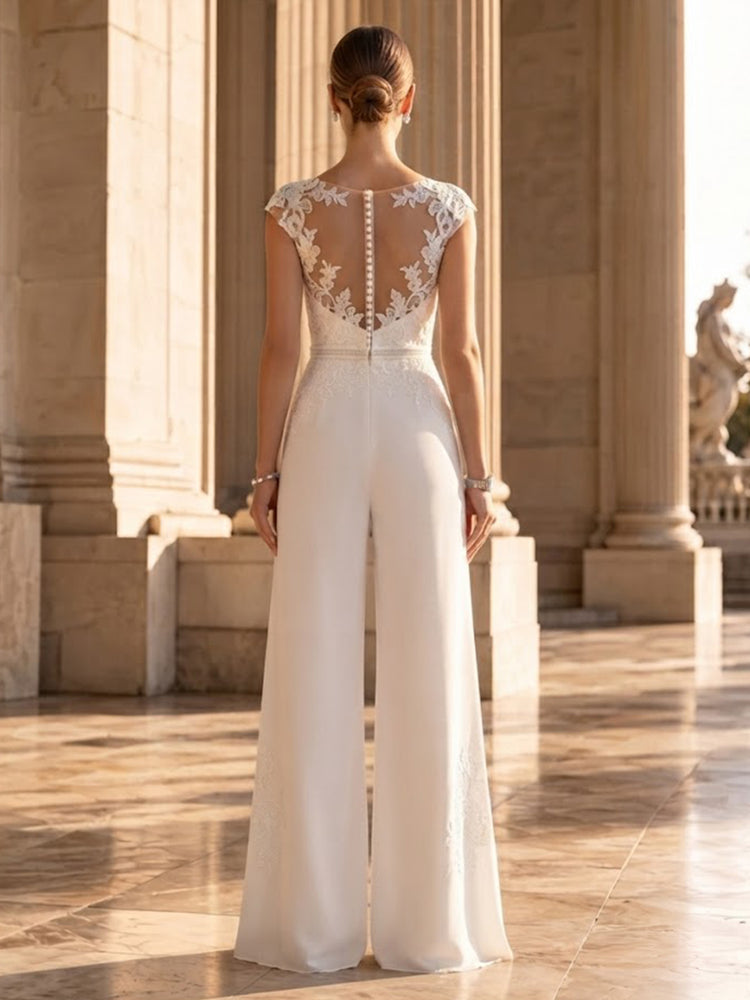 Chiffon Jumpsuit Round Neck Long Evening Dresses with Lace Applique
