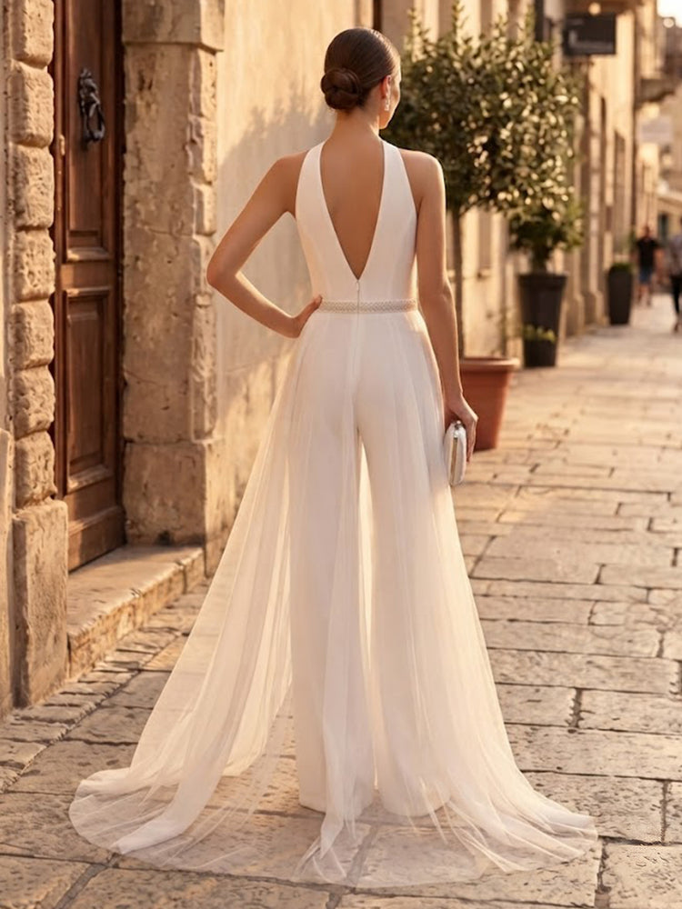 Satin Jumpsuit V Neck Long Evening Dresses with Beaded