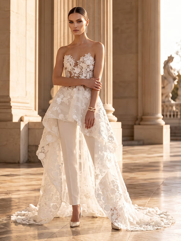 Lace Appliques Jumpsuit Strapless Long Evening Dresses with Ruffles