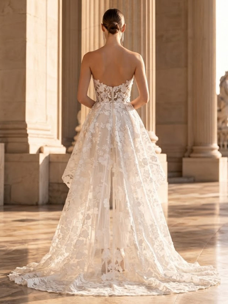 Lace Appliques Jumpsuit Strapless Long Evening Dresses with Ruffles