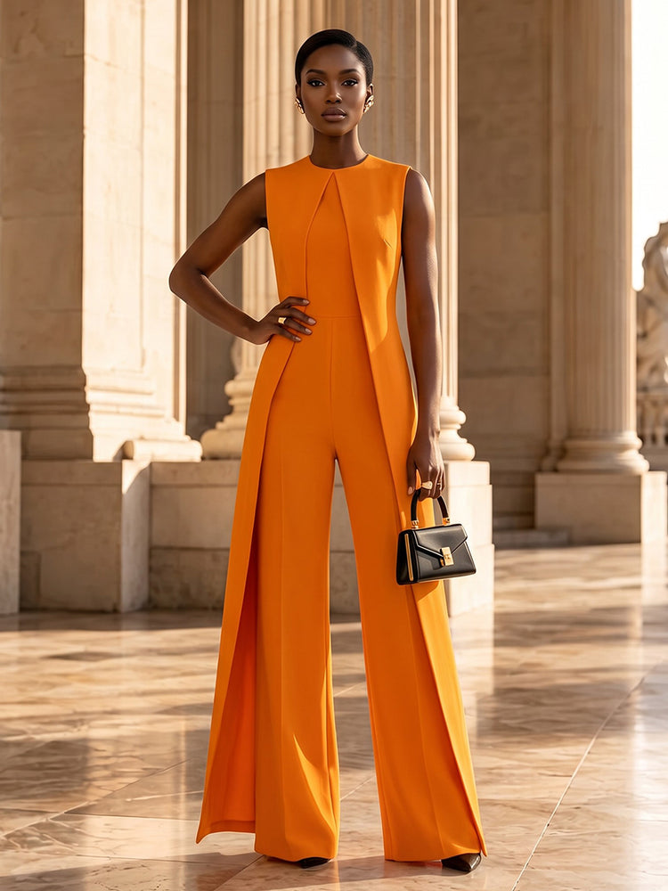 Satin Jumpsuit Cowl Neck Long Evening Dresses with Pleated