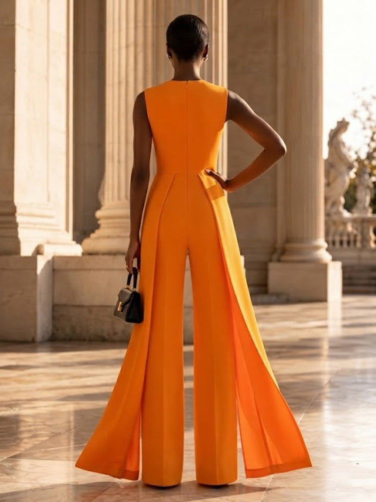 Satin Jumpsuit Cowl Neck Long Evening Dresses with Pleated