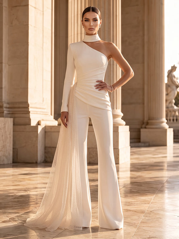 Satin Jumpsuit One Shoulder Long Evening Dresses with Pleated