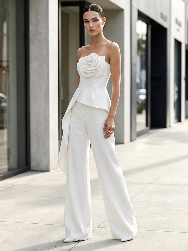 Satin Jumpsuit Strapless Long Evening Dresses with 3D Flowers