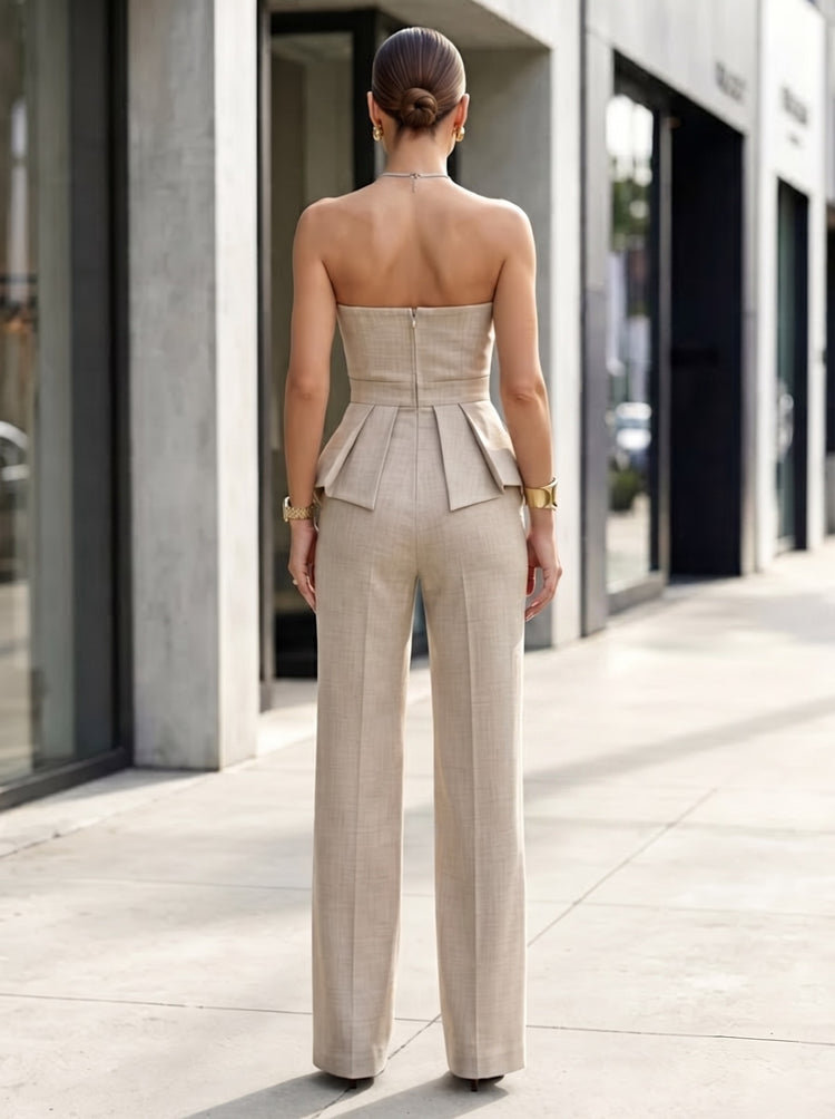 Satin Jumpsuit Strapless Long Evening Dresses with Pocket