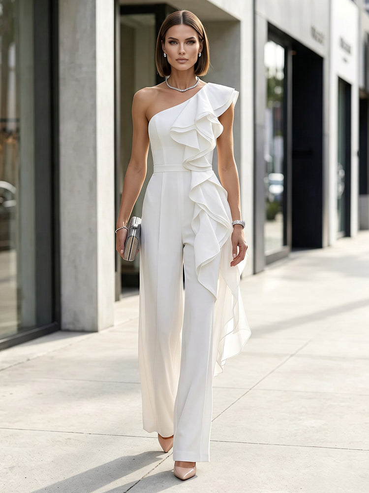 Satin Jumpsuit One Shoulder Long Evening Dresses with Ruffles