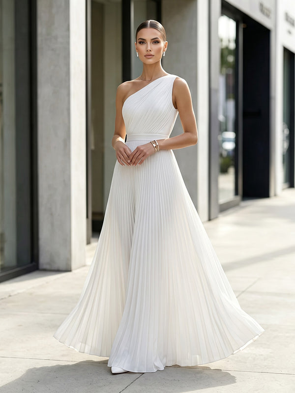 Satin Jumpsuit One Shoulder Long Evening Dresses with Pleated