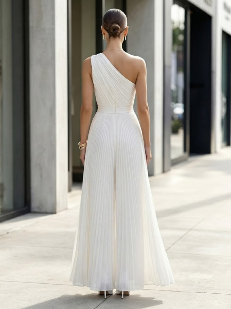 Satin Jumpsuit One Shoulder Long Evening Dresses with Pleated