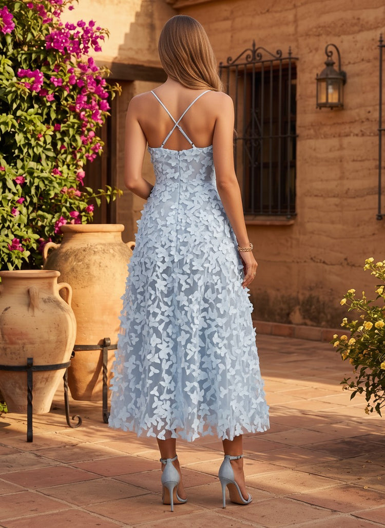 Lightweight Floral Appliques Tulle A-Line Spaghetti Straps Long Evening Dresses with 3D Flowers