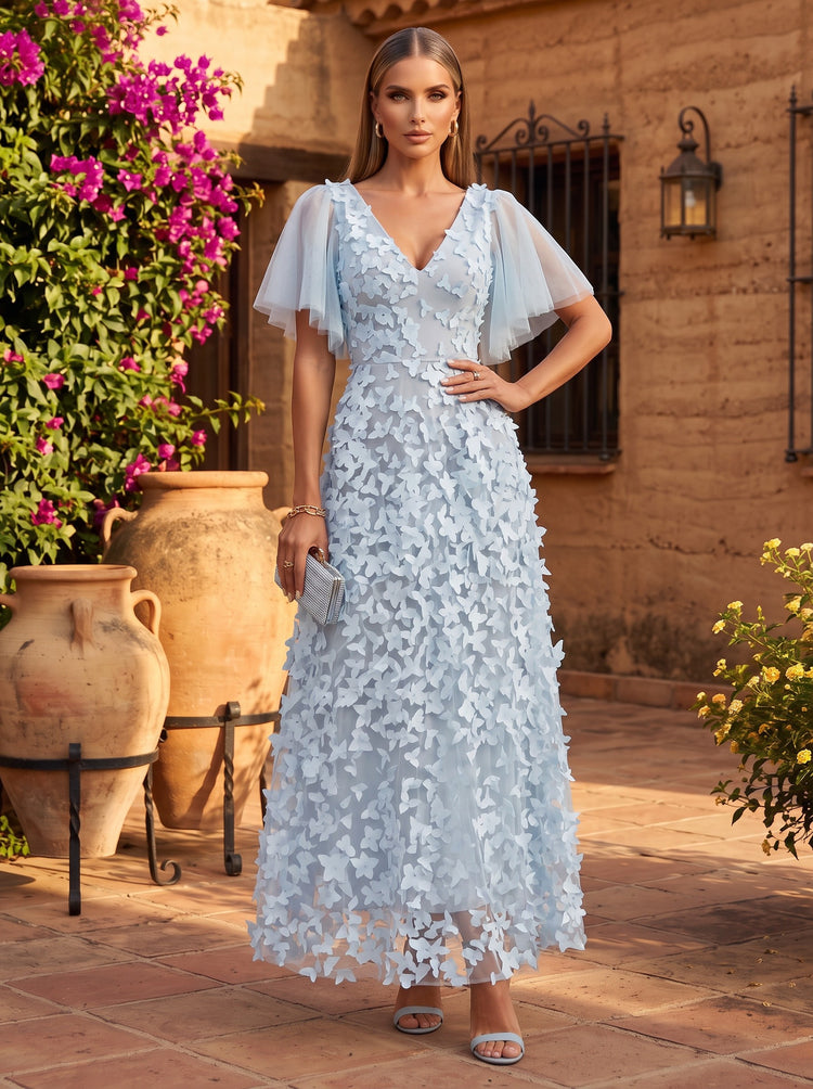 Tulle A-Line V Neck Short Sleeves Long Evening Dresses with 3D Flowers