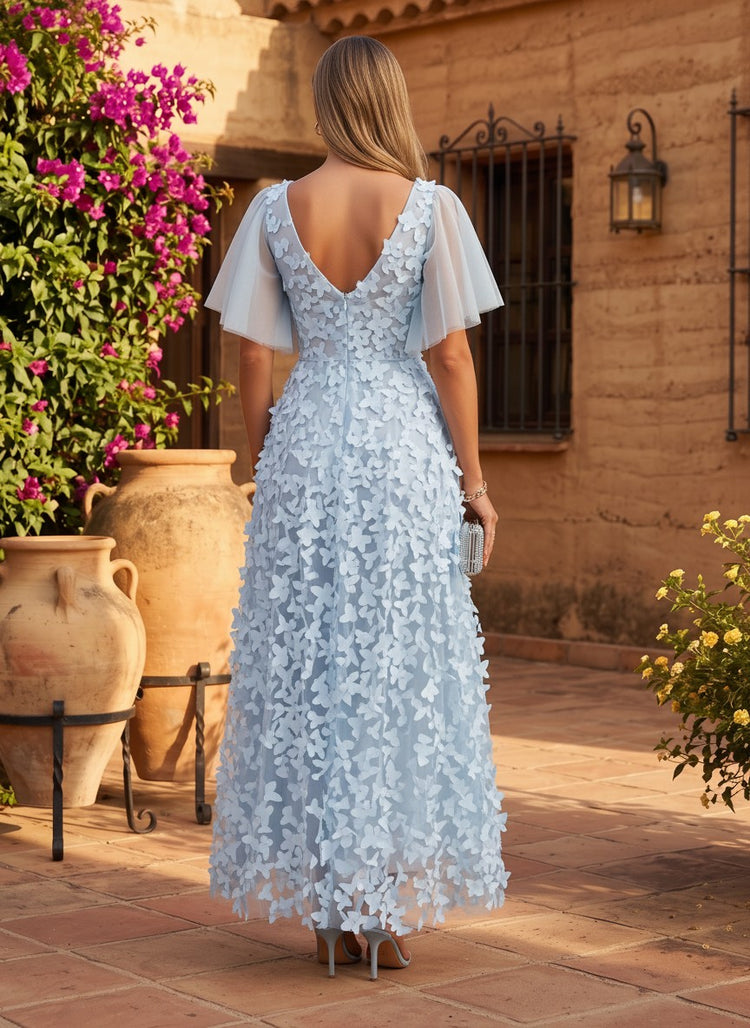 Tulle A-Line V Neck Short Sleeves Long Evening Dresses with 3D Flowers